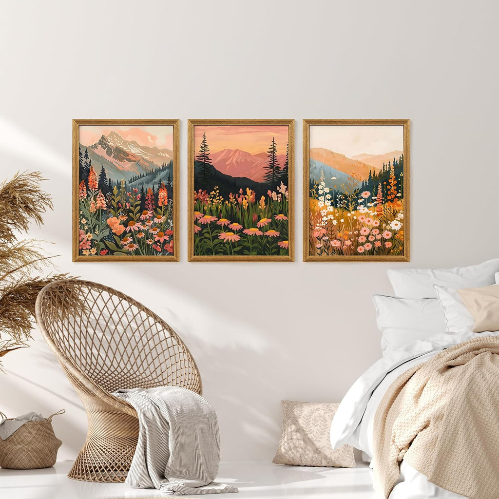 Framed Boho Abstract Landscape Mountain and Floral Canvas Wall Art Set of 3, Colorful Nature Botanical Paintings