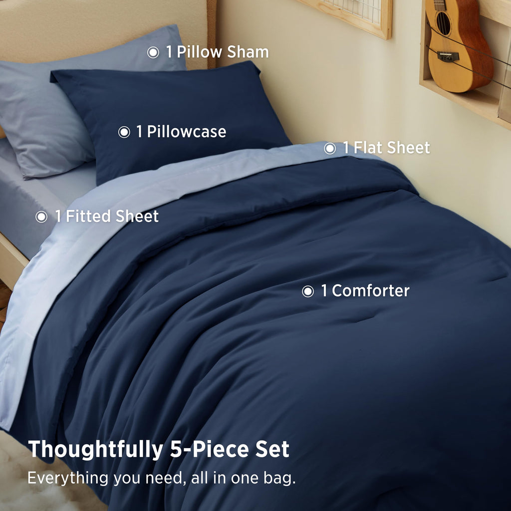 Bed Comforter Set - 5 Pieces Navy Blue Bedding Set 68"x88"