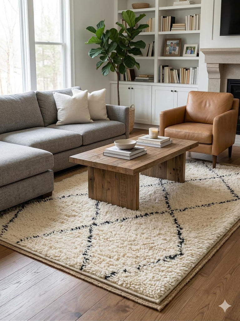 Wool Rug - Handmade Berber Shag Area Rug, Beni Ourain Style, Ivory/Cream with Charcoal Elongated Diamond