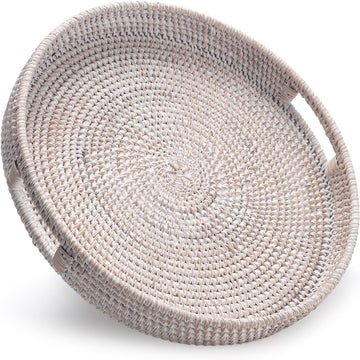 13.8 inch Round Rattan Tray, Decorative Coffee Table Tray, Ottoman Tray, Woven Serving Tray with Handles, Wicker