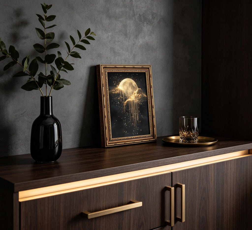 Vintage Gold Framed Moon Cloud Wall Art, Dark Academia Sky Canvas Print