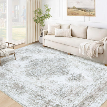 Area Rug Living Room Rug, Machine Washable Vintage Distressed Medallion Rug Non-Slip Soft Low Pile Large Indoor