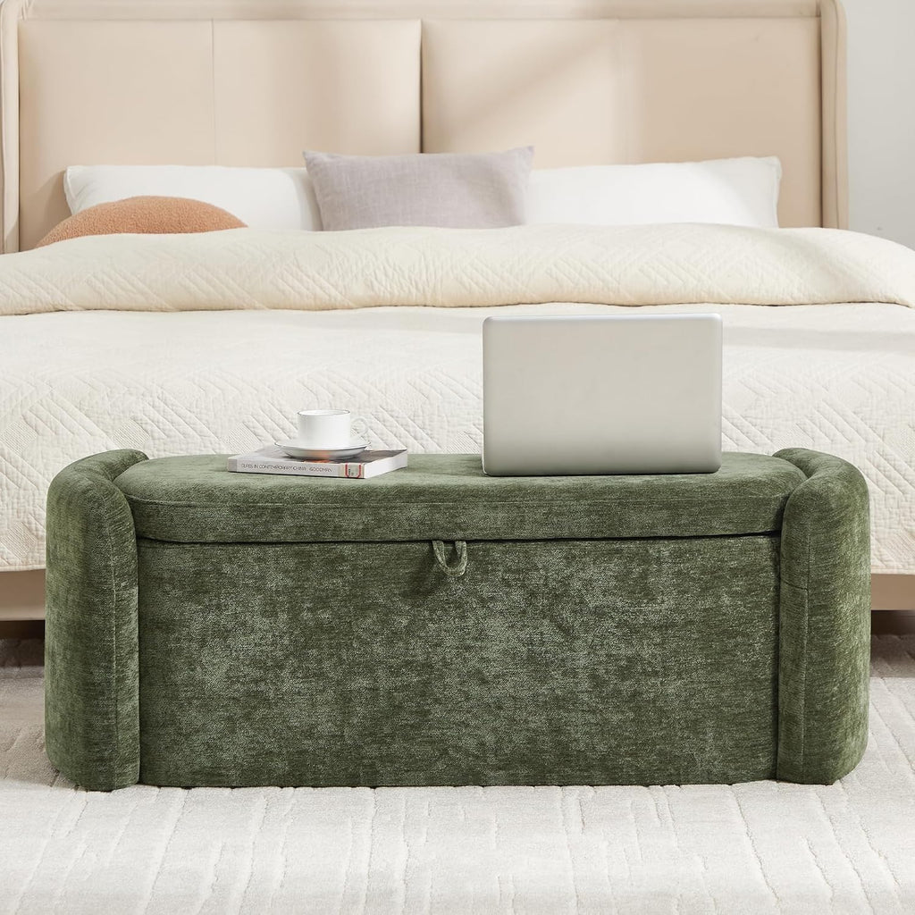 Oval Ottoman Bench with 20 Gal of Storage Space Upholstered Chenille Seat End of Bed Storage Bench Storage Ottoman