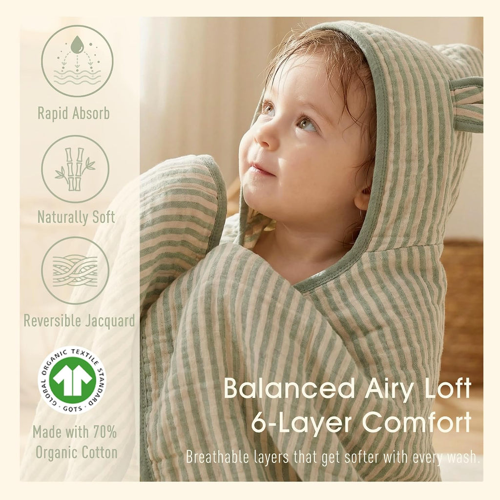 Muslin Toddler Bath Towels Organic Cotton Blend (Sage Stripe,55x28)