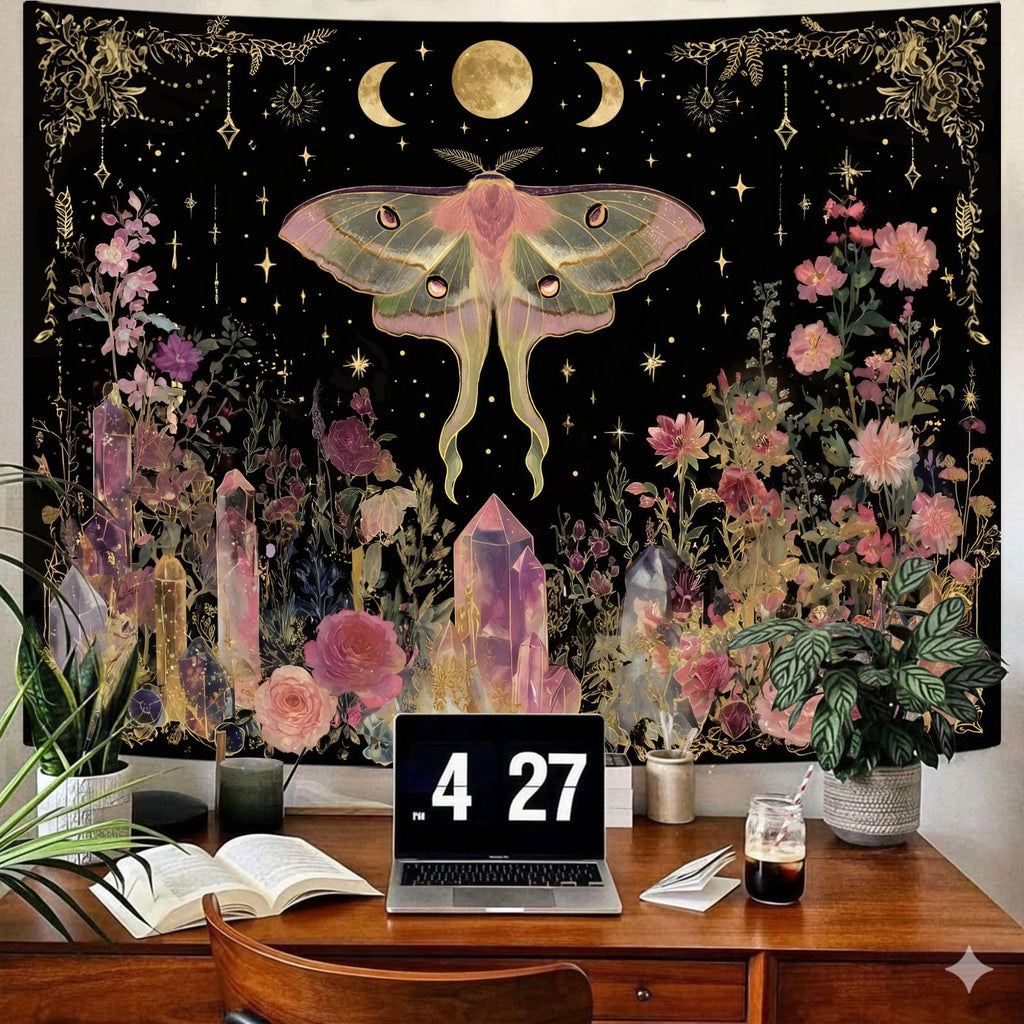 Boho Moon Butterfly Floral Tapestry, Witchy Aesthetic Moon Phase Luna Moth Wall Art Living Room Home Decor, Pink
