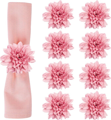 Farmhouse Flower Napkin Rings, Faux Pink Dahlia Napkin Ring, Natural Serviette Buckles Holder for Gift,Table - Set of 8