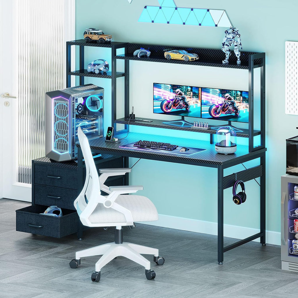 48 Inch Gaming Desk with Shelves & Hutch & 3 Drawers & LED Light | Reversible PC Desk with Tower Stand & Power