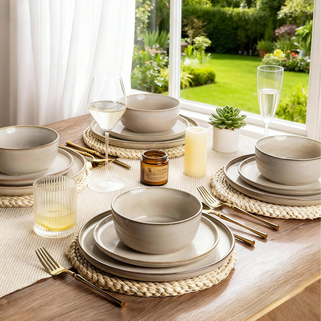 Stoneware Dinnerware Sets for 4, 12 Piece Plates and Bowls Sets