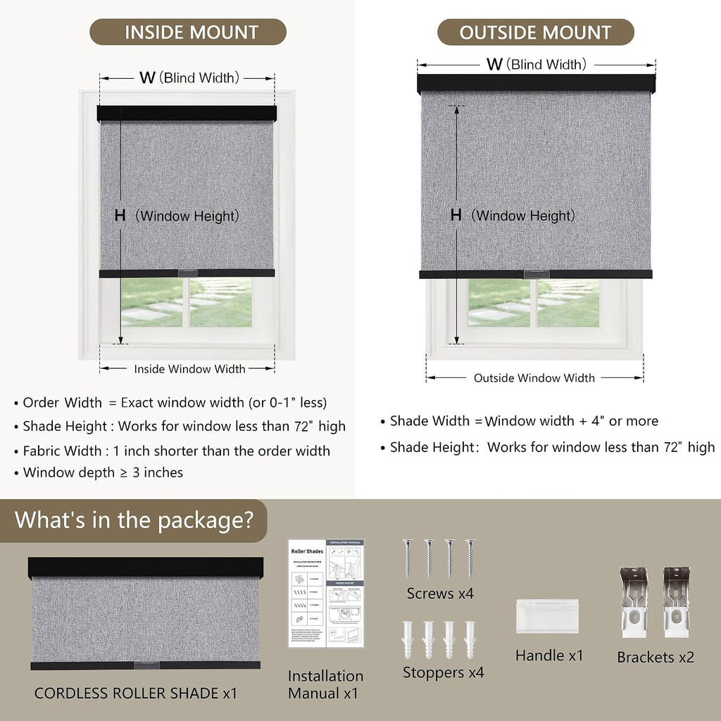 Cordless Blackout Roller Shades Blinds for Windows,20"W x 72"H,Grey