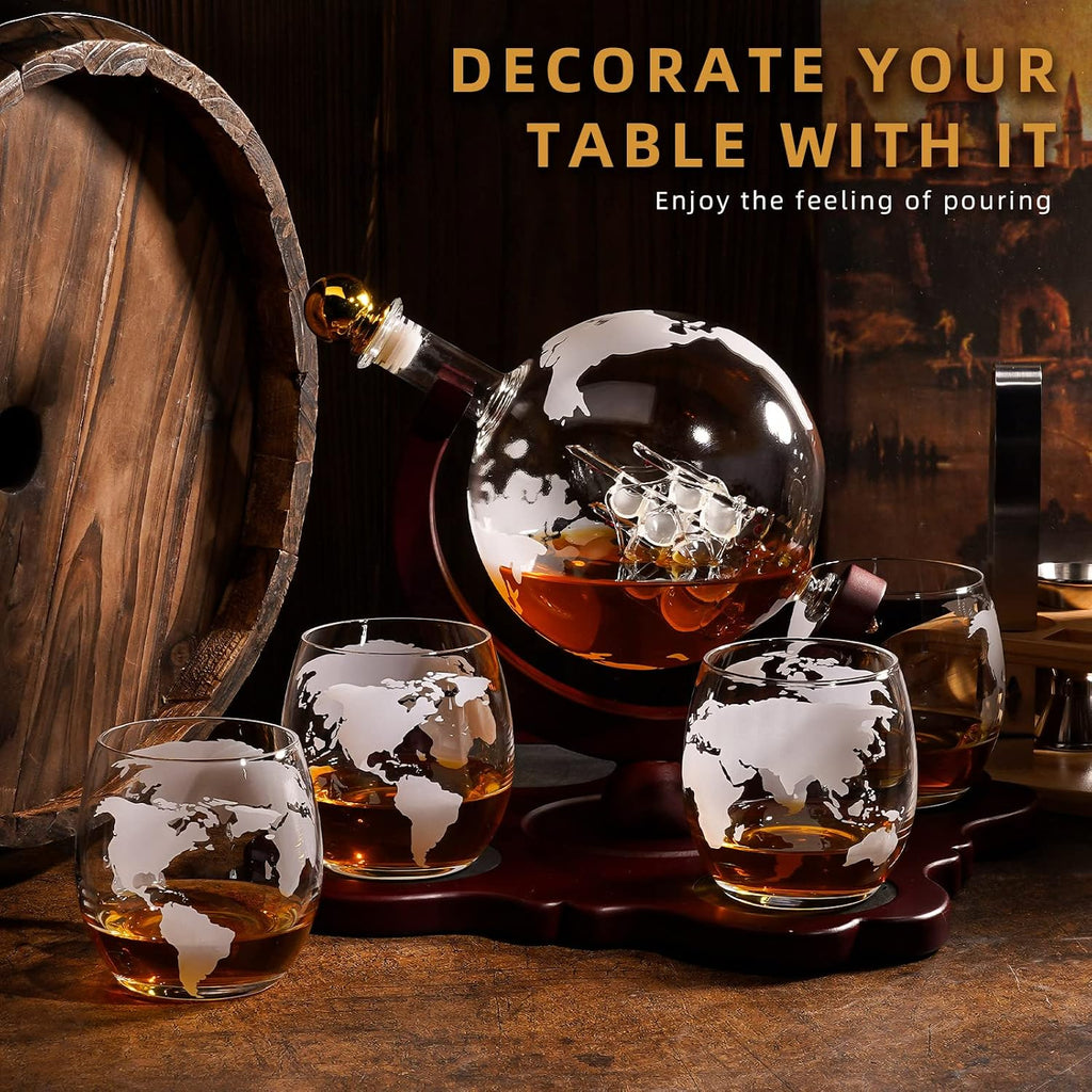 Gifts for Men Dad Husband Fathers Day, Whiskey Globr Decanter Set with 4 Etched Globe Glasses, Unique Anniversary