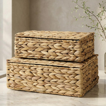 Decorative Storage Boxes with Lids Wicker Organizer Shelf Bins - Set of 2