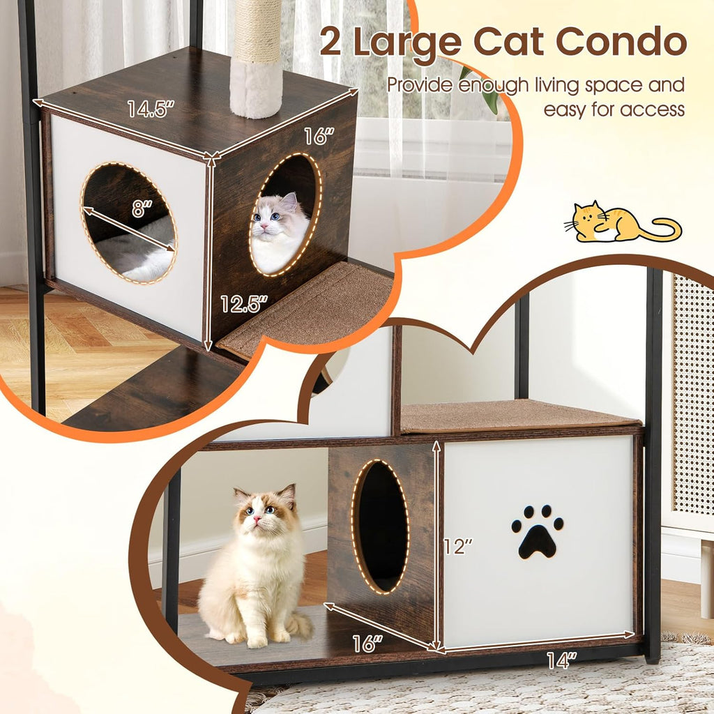 Modern Cat Tree, 52 Inch Multi-Level Cat Tower with Metal Frame, 2 Wooden Condos, Sisal Scratching Posts, Detachable