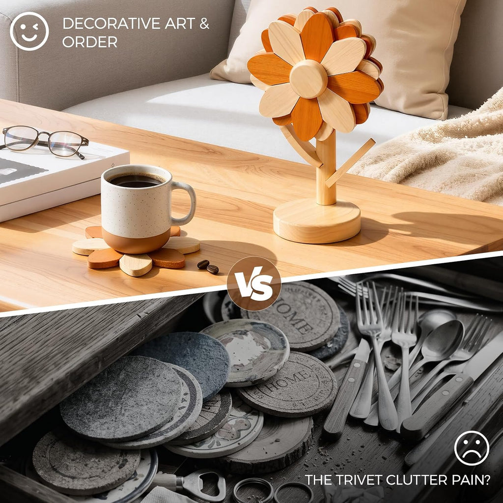 Wooden Trivets for Hot Dishes with Stand, 5-Piece Housewarming Gift Orange