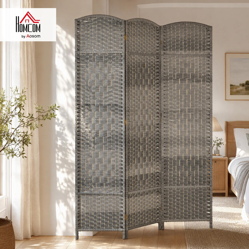 3 Panel Room Divider 6 Ft Privacy Screen Hand-Woven Mixed Gray