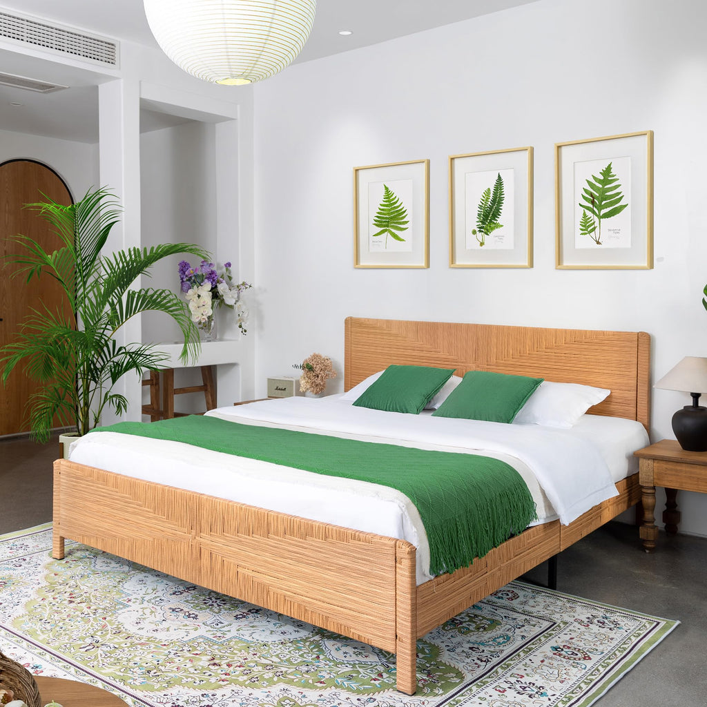 Hand-Woven PE Rattan Bed Frame with Headboard and Footboard, Boho Mid Century Modern Bedframe with Vintage