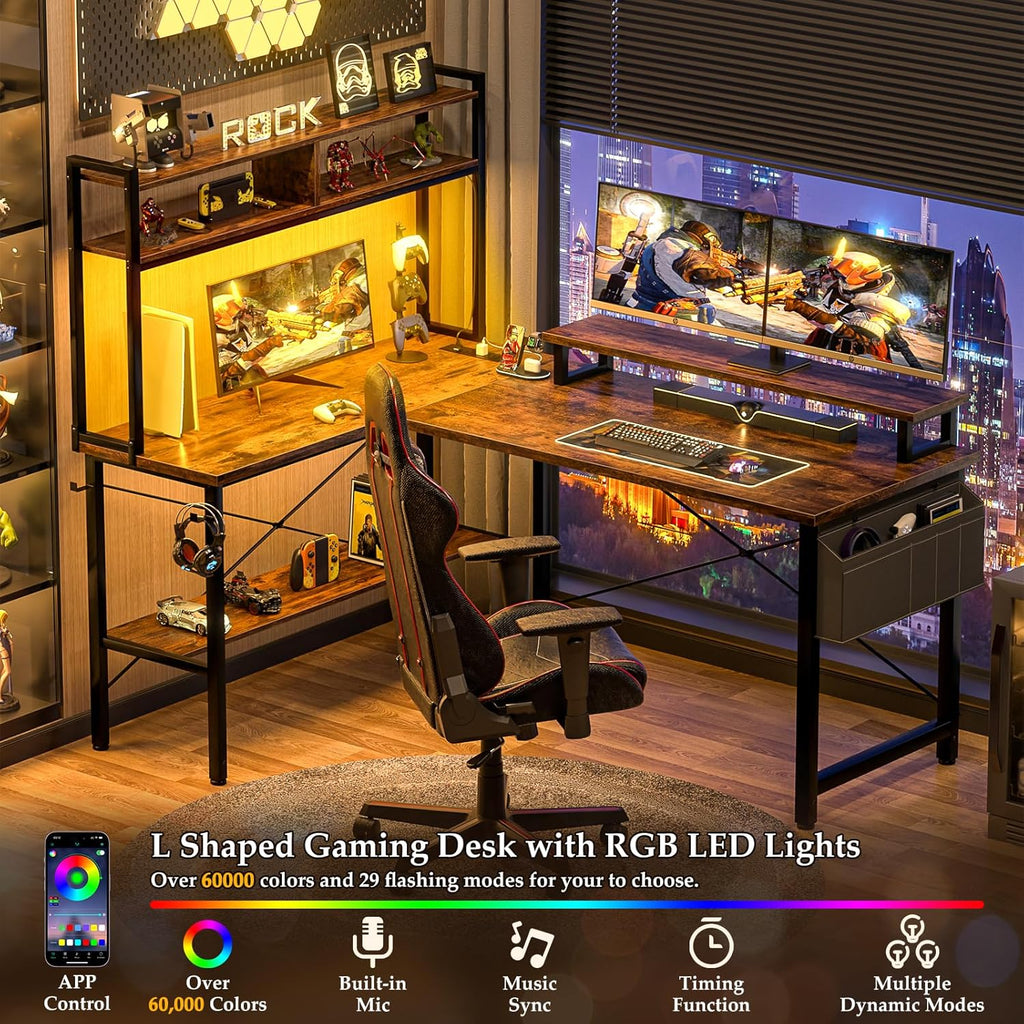 L Shaped Gaming Desk with Power Outlets & LED Lights, Rustic Brown | Small L- Shaped Desk Computer Corner Desk with
