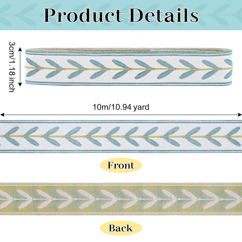 Jacquard Ribbon Trim 1.18 Inch Leaf Pattern Fabric Trim White Blue Leaves Jacquard Woven Embroidered - 10.9 Yards