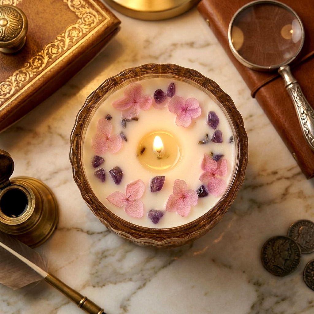 Handmade Lavender Vanilla Scented Candle with Amethyst Crystals