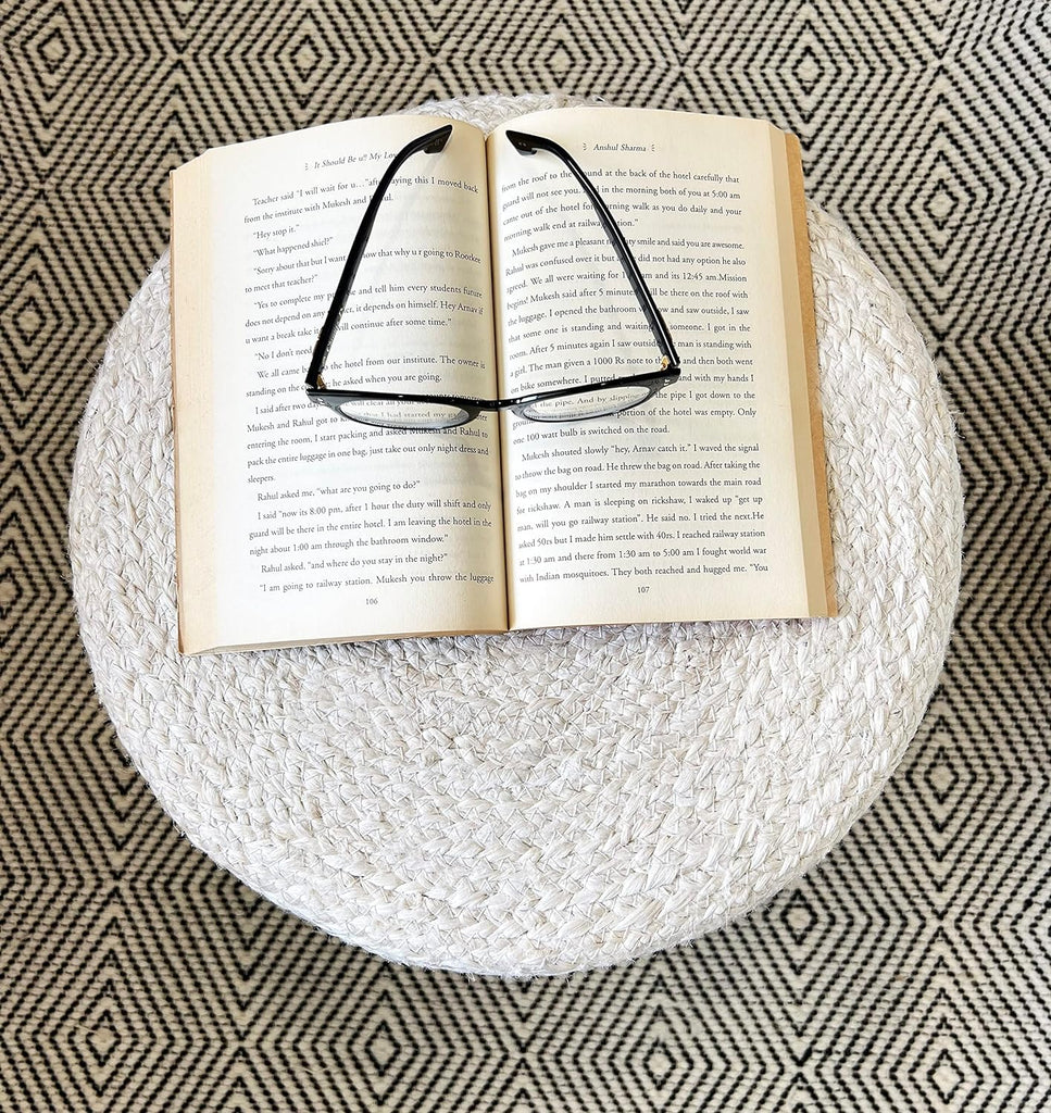 Pouf Ottoman 100% Jute Pouffe Natural Ivory (18"x18"x12")