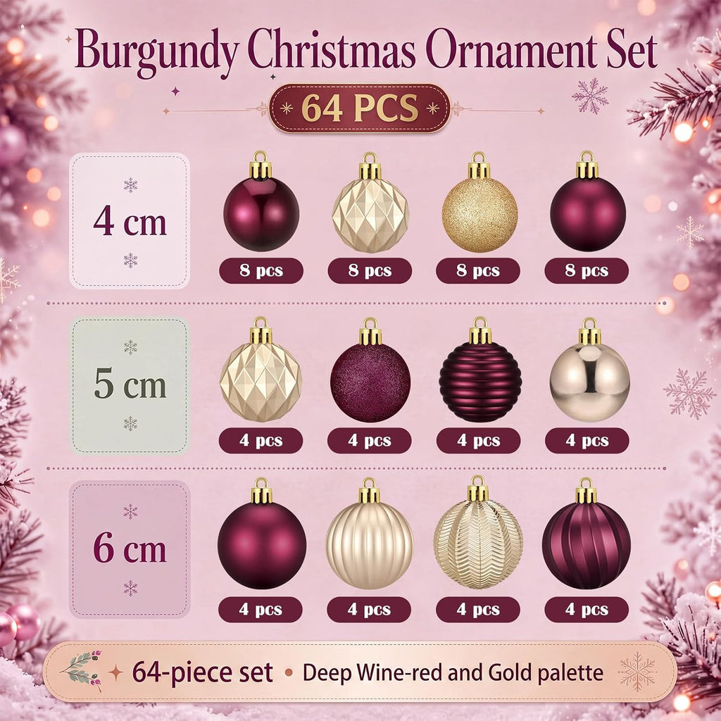 Burgundy and Gold Christmas Ball Ornament 1.57/1.97/2.36 Inch - Set of 64