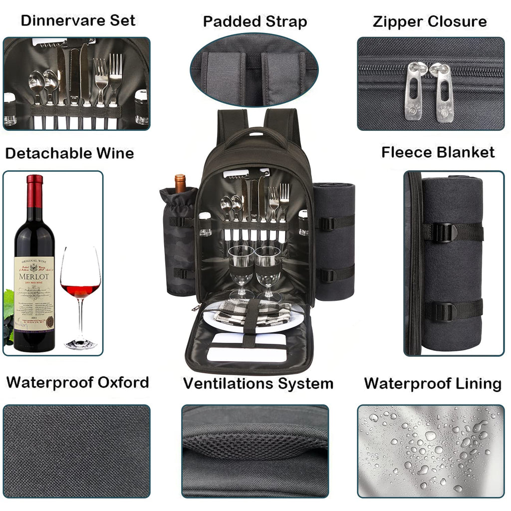 Picnic Backpack for 2 Person with Insulated Cooler Compartment, Wine Holder, Fleece Blanket, Cutlery Set, Engagement