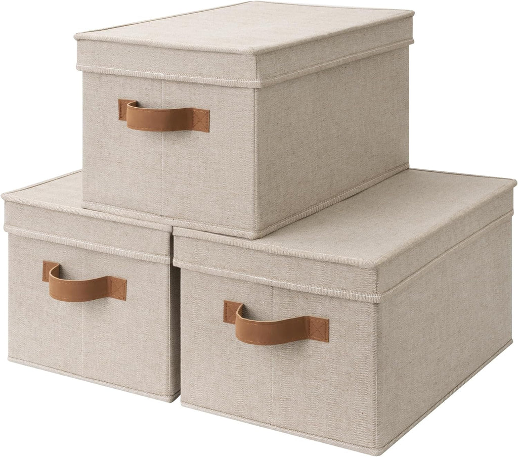 Fabric Storage Bins with Lids, Decorative Storage Bins with PU Handles, Foldable Storage Baskets for Closet, Shelves