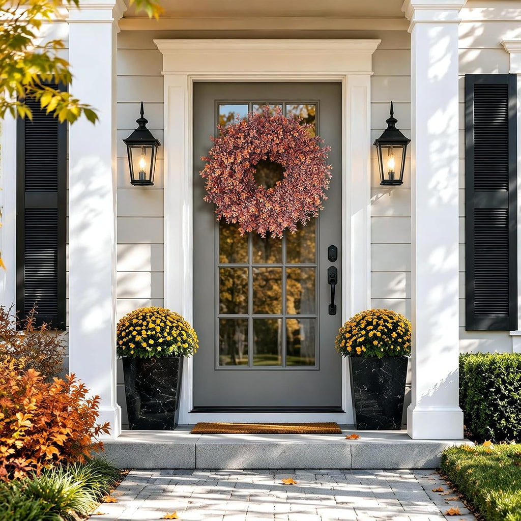 24" Artificial Fall Boxwood Wreath for Front Door Decoration (Deep Orange)
