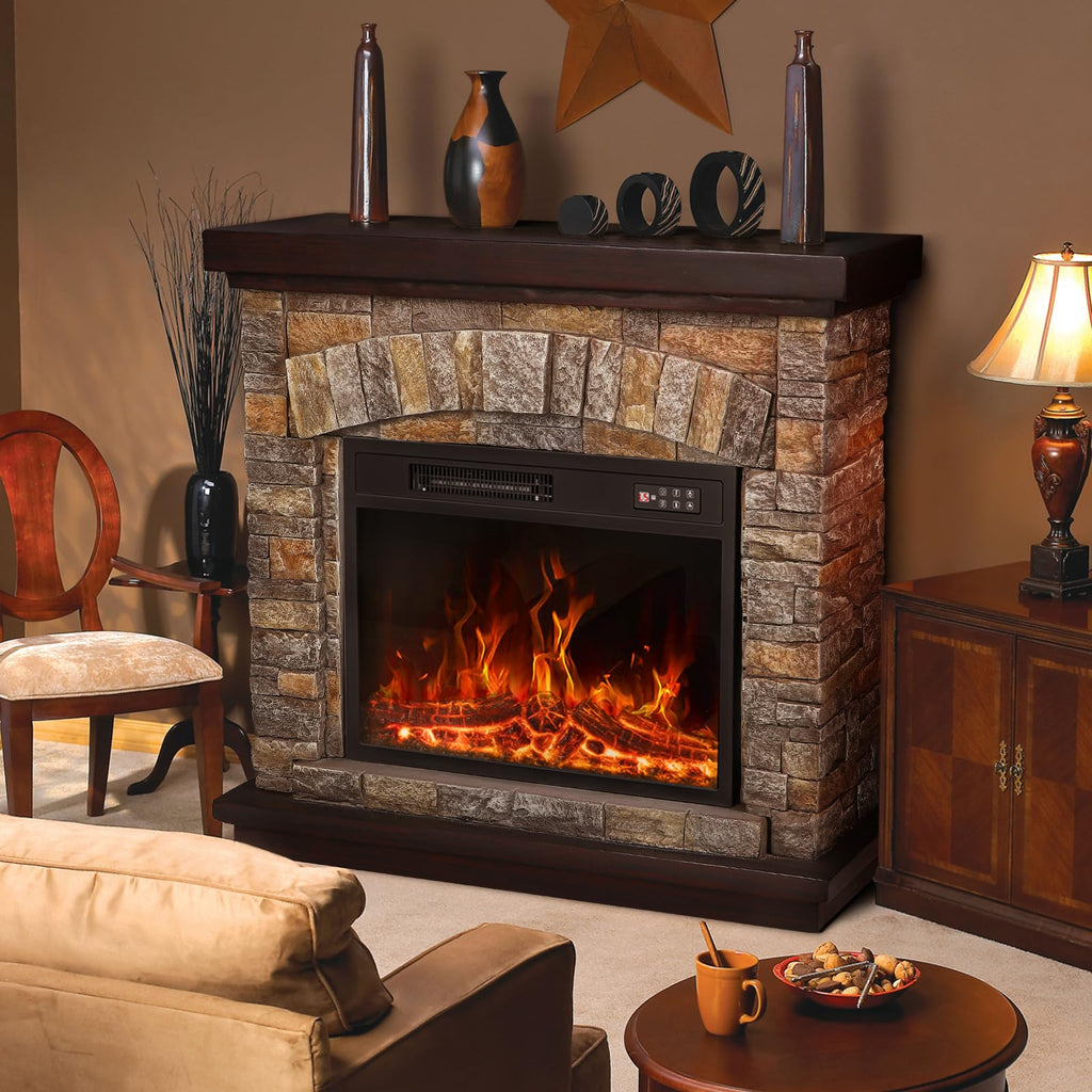 Electric Fireplace with Mantel, Realistic Stone Finish Freestanding Heater TV Stand, 3D Log Flame Effect with Remote