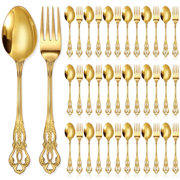 40 Pcs Retro Gold Silverware Set Heavy Duty, Dinner Fork and Spoon