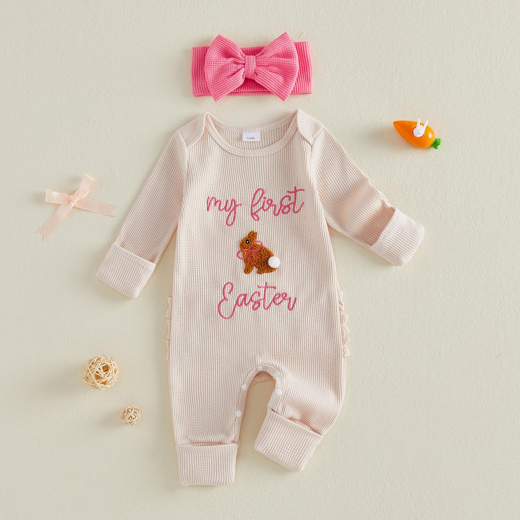 My First Easter Baby Girl Outfit Newborn 0 3 Bunny Waffle Knit Sweater Romper and Headband (My First Easter