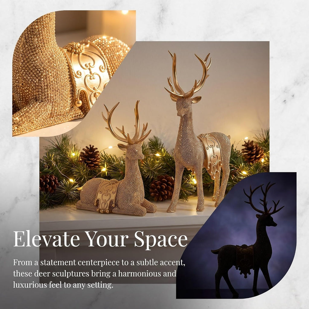 Xmas Golden Resin Deer Statue Set Decor