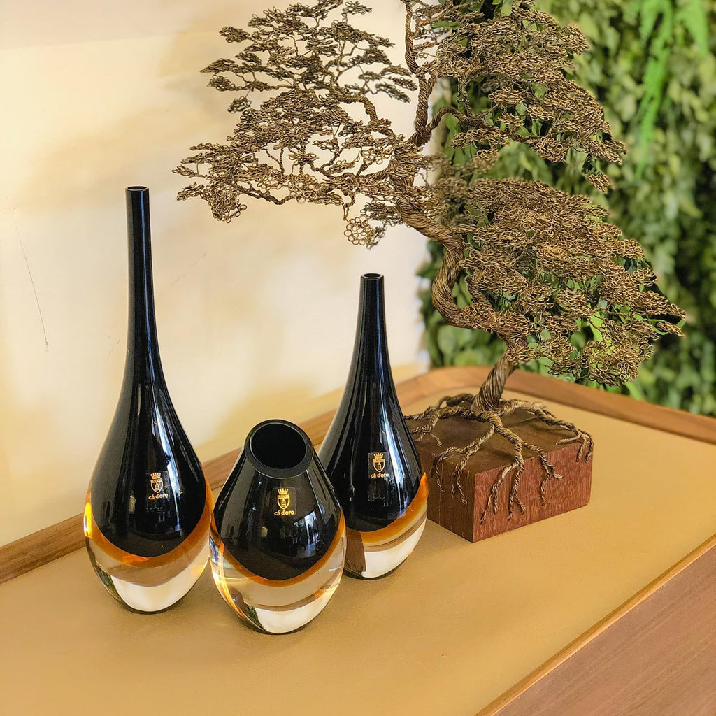 Murano Style Art Glass Drop Vase Hand Blown Black and Amber Home Decor | Hand Blown Glass Drop, Decorative Table