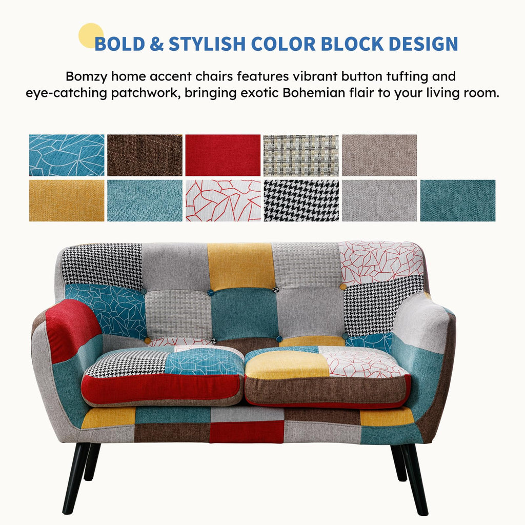 Modern Colorful 3 Piece Coroful Fabric Sofa Set, Included 2 Accent Chairs and 1 Boho Loveseat Linen Patchwork Plaid