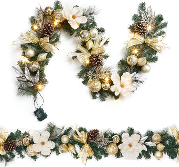 6 Ft Lighted Christmas Garland, Pine Christmas Garland with Gold Accents & Pinecone, 20 Led Lights Christmas