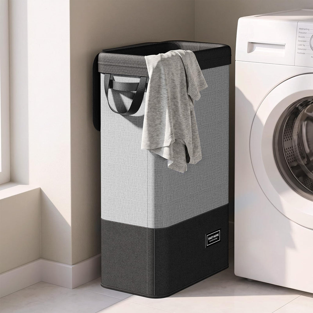 Slim Laundry Hamper with Lid, 75L, Black-Gray