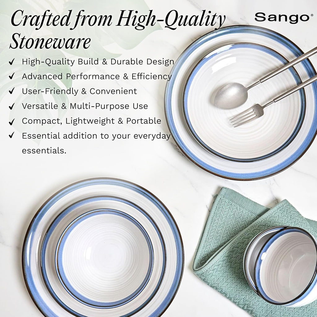 Siterra Santorini 16-Piece Stoneware Dinnerware Set for 4, Ceramic White Plates and Bowls Sets with Blue Rim &