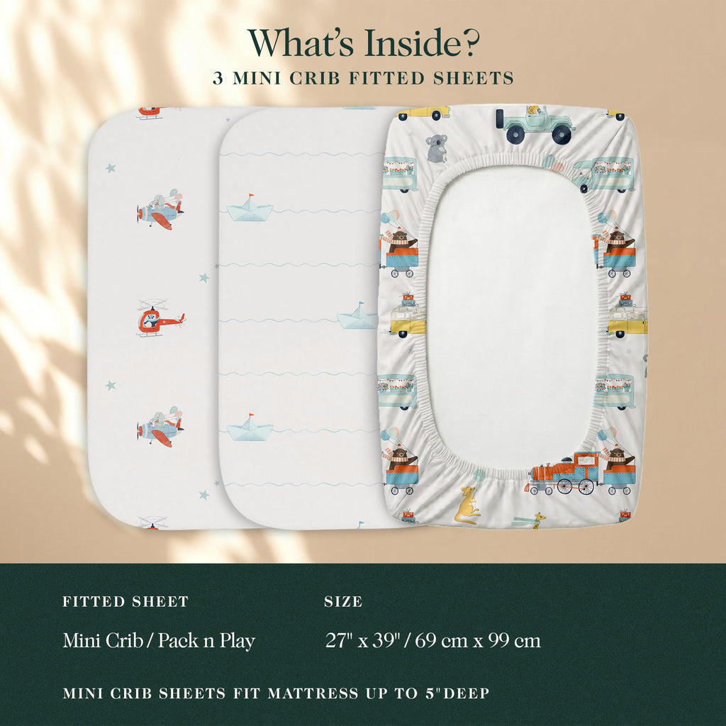 100% Organic Cotton Mini Crib Sheets, 27" x 39", Tiny Explorers, 3-Pack