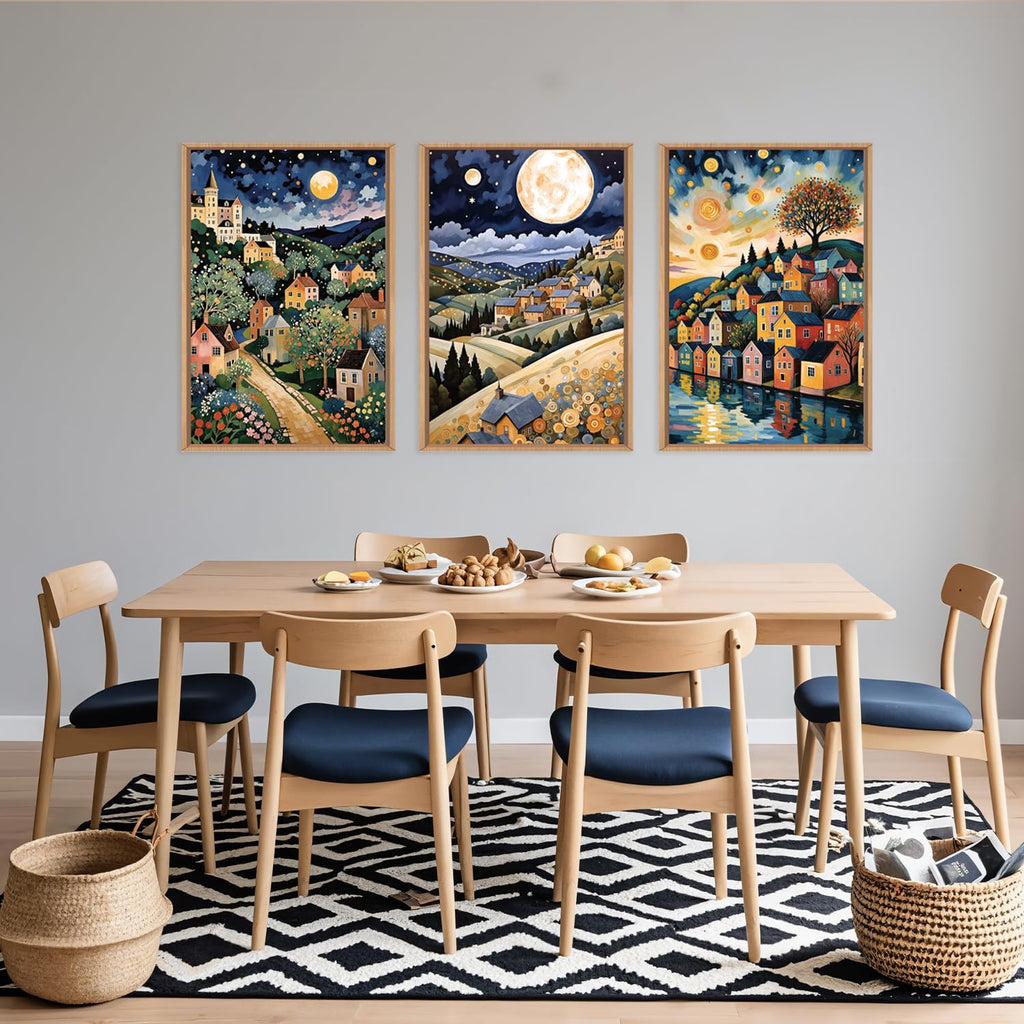 Large Abstract Colorful Framed Canvas Wall Art, Retro Night Village Wall Decor, Natural Moon Stars Wall Painting, Gustav