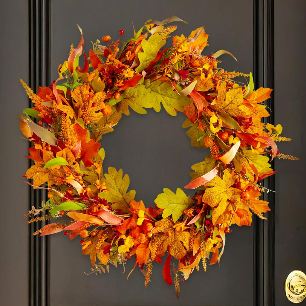 24 Inch Fall Wreaths for Front Door, Autumn Harvest Wreath with Sunflowers