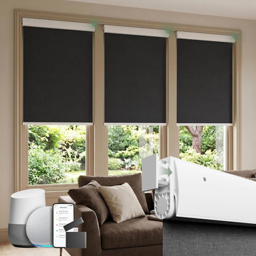 No Drill Motorized Blinds with Remote, Black, | 100% Blackout Smart Electric Roller Shades, Automatic Cordless Blinds
