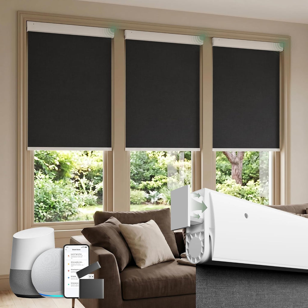 No Drill Motorized Blinds with Remote, Black, | 100% Blackou - S3 black