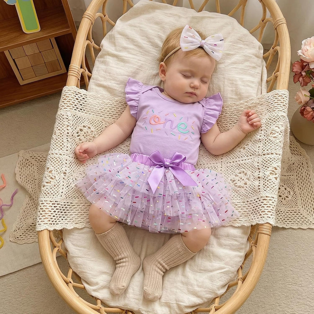 Baby Girl First Birthday Outfit One Year Old Sprinkle Romper Bodysuit Tulle Tutu Skirt with Headband
