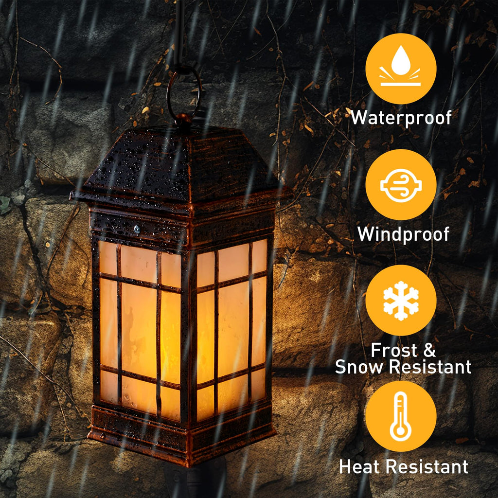 15.5" Solar Lantern Outdoor Waterproof, Glass Flickering Flame Solar Lanterns, Hanging Metal Lantern Decorative Front