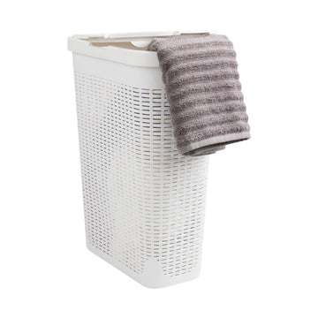 Slim Laundry Hamper with Lid, 40L Clothes Basket, Narrow Tapered Design with Ventilated Cutout Pattern, Plastic, White