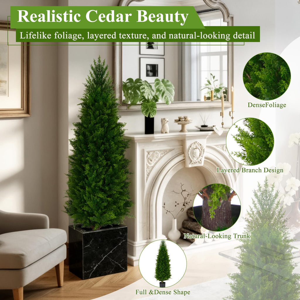 4 Ft Artificial Cedar Topiary Trees 2 Pack, UV Resistant Potted Faux Cypress Shrubs with Extra Dense Foliage for