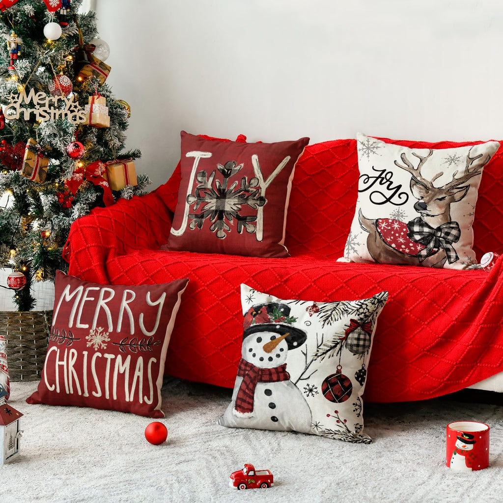 Joy Christmas Let It Snow Snowman Reindeer Throw Pillow Covers, 18 x 18 Inch Xmas Snowflake Winter Holiday Cushion - Set of 4