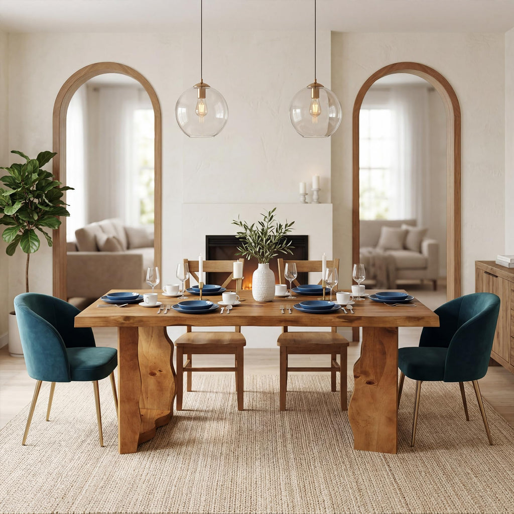 63" Live Edge Solid Wood Dining Table, Modern Rustic Kitchen Table with Sculptural Legs, 6-Person Rectangular Dinner