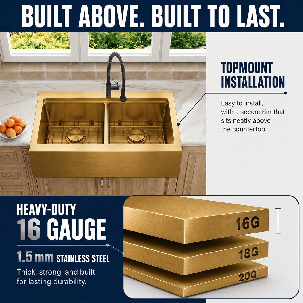 30 Inch Farmhouse Kitchen Sink Gold 50/50 Double Bowls Farm Sink