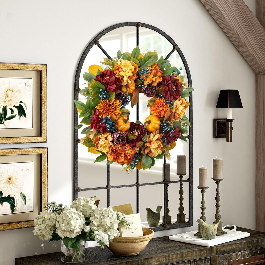 24 Inch Artificial Fall Wreaths for Front Door with Hydrangea Peony Pumpkin