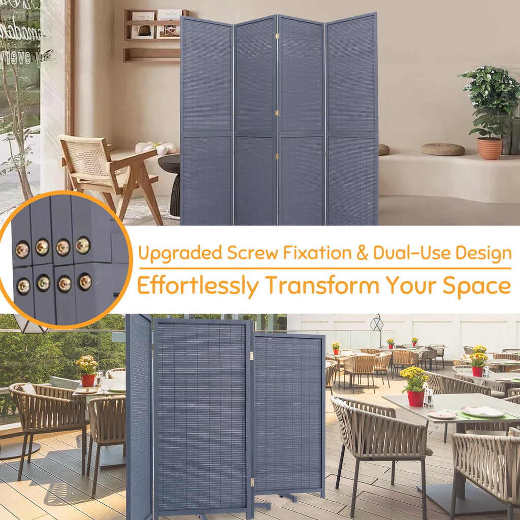Bamboo Mesh Woven Room Divider 5.6FT, 4 Panel Folding Privacy Screen, Grey